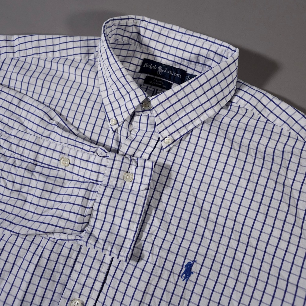Ralph Lauren Button Down Shirt Mens XL White Blue Blake Windowpane Check Cotton